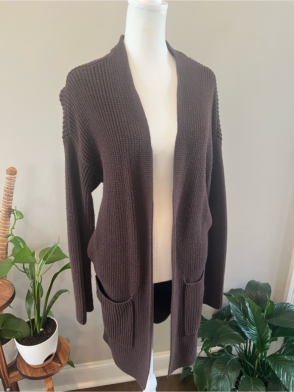 hinge Dark Brown Open-Front Knit Cardigan